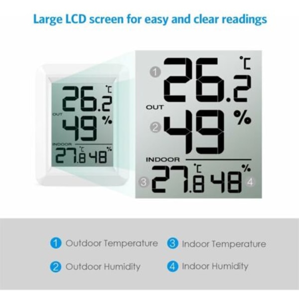 Indendørs og udendørs termometer, termometer hygrometer med udendørs probe, trådløst digitalt termometer hygrometer med stort LCD-display, ℃/℉ skift,