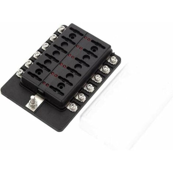 12-vejs sikringsboks med LED - Inkluderer 10 sikringer og terminaler - Velegnet til båd, campingvogn, marine, 12V og 24V