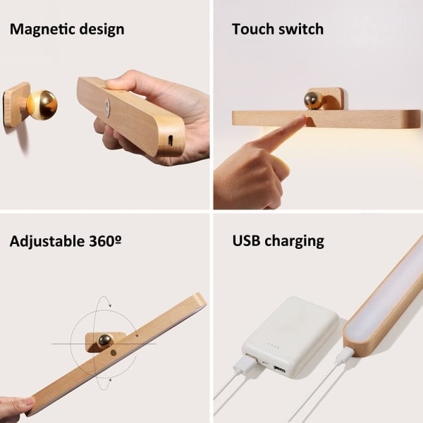 Dimbar LED-vägglampa med touchbrytare och batteri, inomhus trävägglampa, 4W, USB-laddningsbar skåpslampa