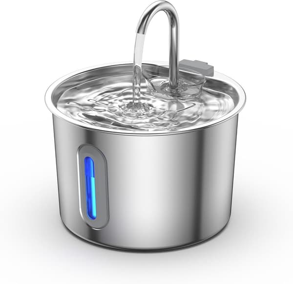 Vattendispenser för husdjur, 304 rostfritt stål, tyst 28dB, LED-vattennivåindikator, filtersystem för katter och små hundar, 2.2L Silver