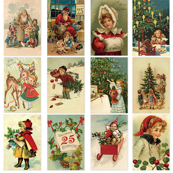 12 stk Retro Julekort God Jul Hilsen Fe Kvinne Elg Gammel Mann