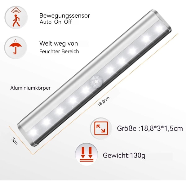 Skapbelysning med bevegelsessensor 10 LED USB oppladbar magnetisk