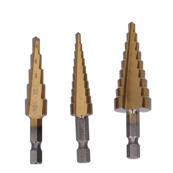 3pcs Titanium Coated Step Drill Bit Set Hex Shank Straight Flute Sizes 3-12 4-12 4-20