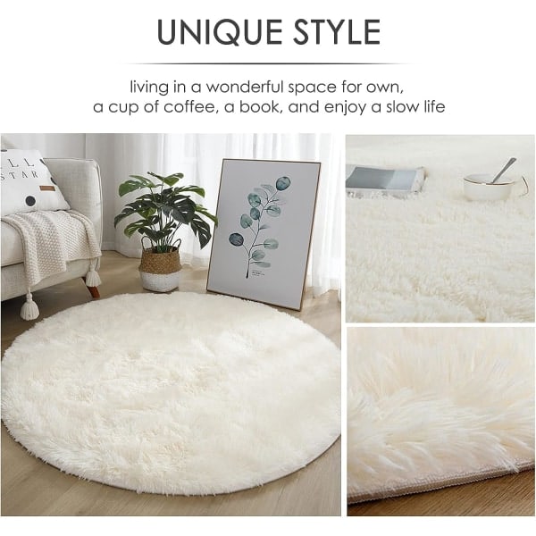 Rund matta, modern fluffig matta, sovrumsmatta, bekväm mjuk halkfri fluffig golvmatta, fluffig matta, vit, 60 cm/24 tum