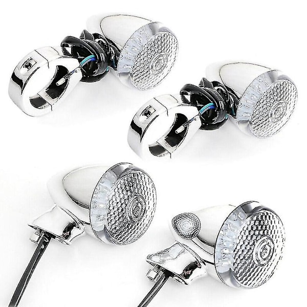 4 stk LED-blinklys til motorcykel, krom og sort hus, 41 mm, med for- og baggaffelklemme