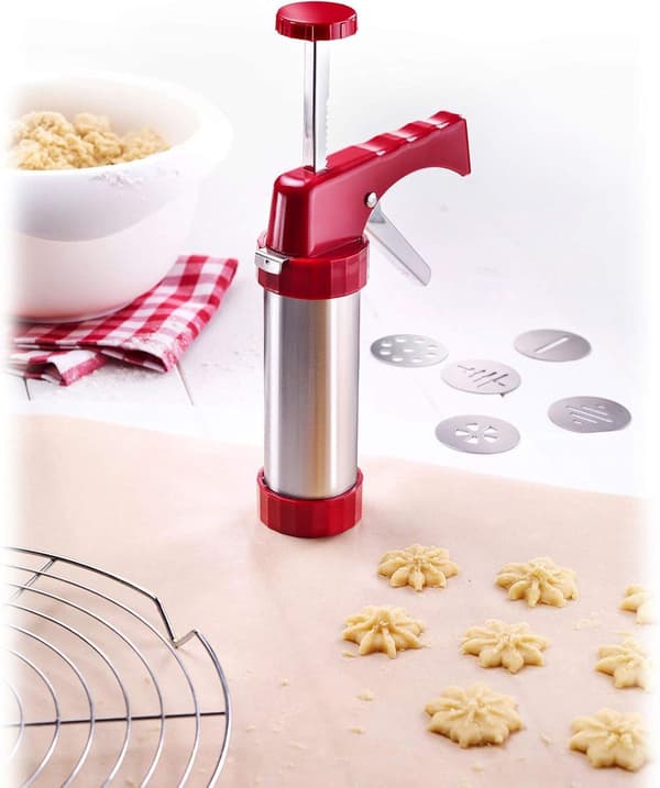 Kake- og kakepresse, rustfritt stål, 13 disker, 8 tipper, 210 ML, for kaker, cupcakes og baking, sølv og rød