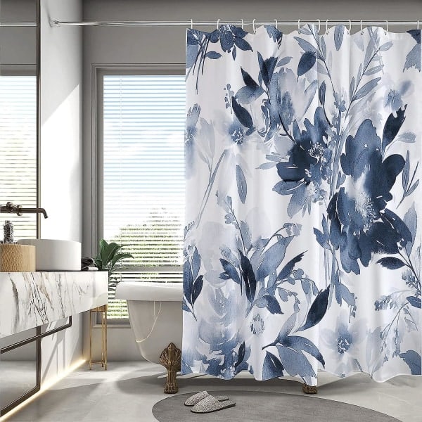 Akvarel planteblade med blomstermønster badeværelsesbruserforhæng Mørkeblå 180x180cm