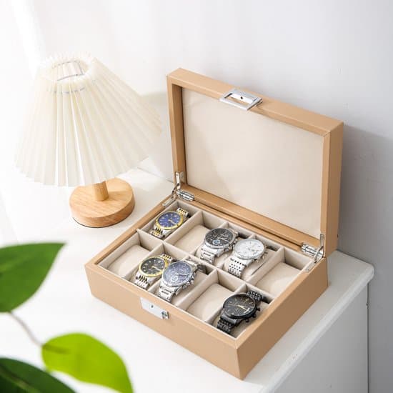 Urkasse Organizer til 10 ure, PU læder ur opbevaringskasse med blødt fløjlsfor og sølvlås til mænd og kvinder, beige medium