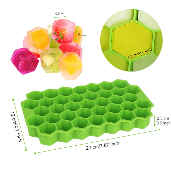 Isbitsform, 3-pack silikonisformar med stapelbara lock, enkel lossning av silikon och varje form gör 37 hexagonala isbitar