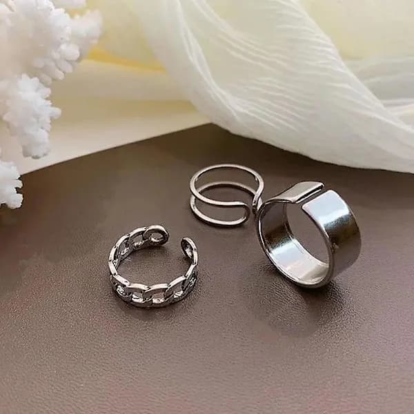 3-pack Silver Staplade Ring Kedja Ring Set Dam Mode