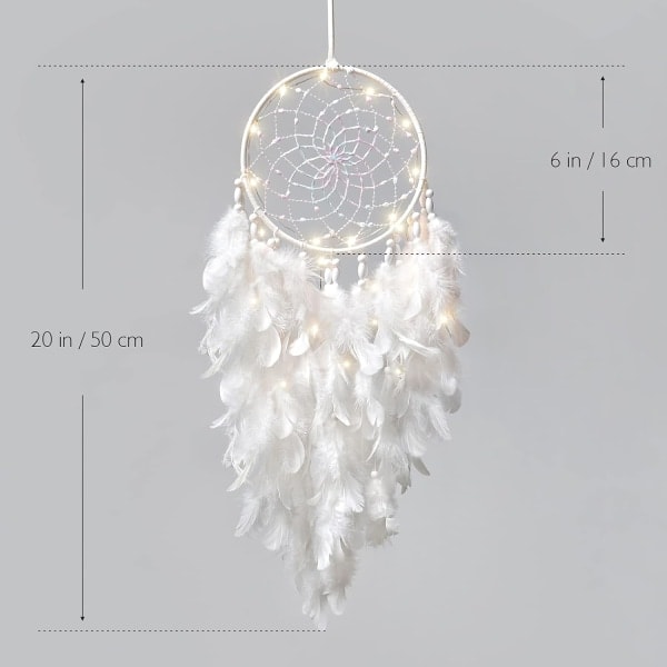 LED-drømmefanger til børn Vægdekoration Hvide fjer Drømmefanger med lyse perler Boho-indretning Vævet kunstpynt Håndlavet gave til børneværelse