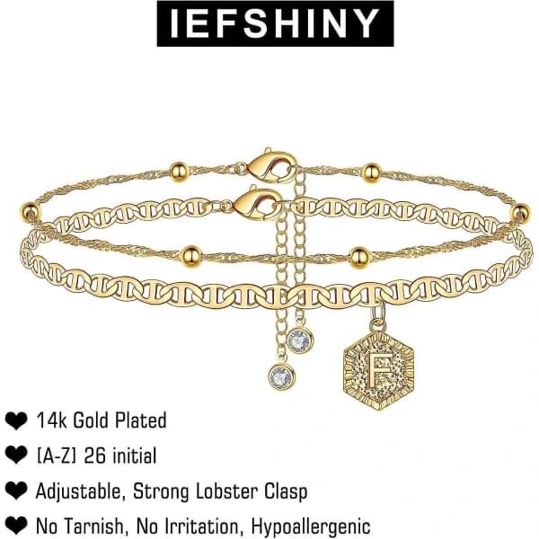 Ankelkæder til kvinder, initial ankelkæde, 2 stk. Mariner Chain Layered 14k guldbelagt bogstav Ankelkæde Initialer Søde Sommer Ankelkæder Ankel Guld Ankelkæ...