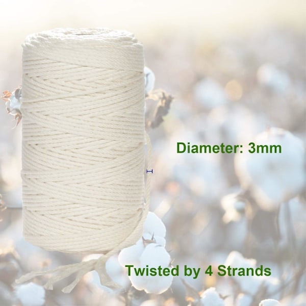 Makramégarn 3mm x 220m (ca 200m) Mjukt Oblekt 100% Naturligt Bomullsrep för Väggbonader, Beige