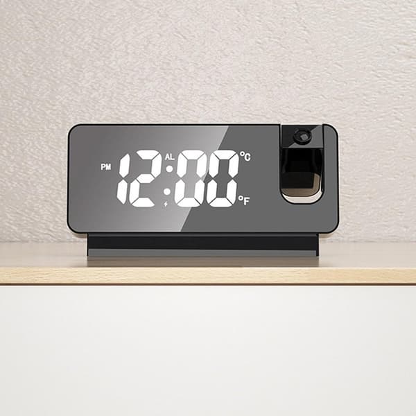 Digital projektionsväckarklocka med LED-spegeldisplay, temperatur- och luftfuktighetsdisplay, för sovrum och hem, svart