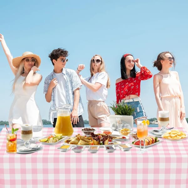 2-pack rektangulär plastduk, engångs rosa och vit rutig bordsduk för fester, picknick och bröllop, 137 x 274 cm