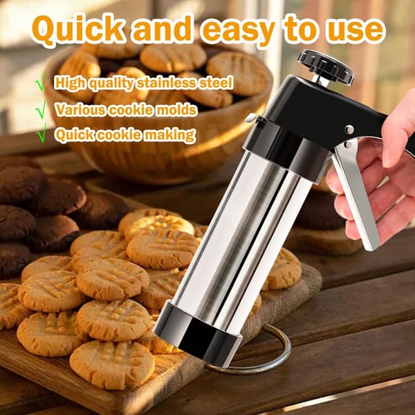 Kakekanonsett i rustfritt stål, 13 kakepressdisker og 8 glasurtupper, ergonomisk håndtak for baking av småkaker og kakepynting