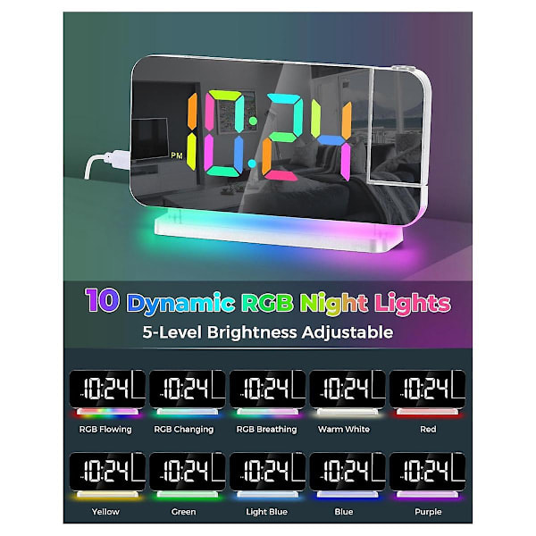 Projektionsväckarklocka, 7,4 tum LED-spegel med digital klocka, +180° roterbar projektor, nattlampa vit