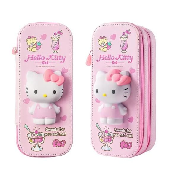 PU Dubbelskikts Pennfodral med Stor Kapacitet Skolpennor Väska Pennfodral Tillbehör Kontorsmateria Hello Kitty