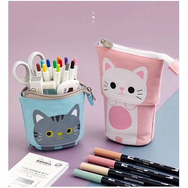 Teleskopiskt pennfodral i canvas, sött kattmönstrat pennskrin, kawaii pennfodral för pojkar, flickor, studenter och kontorsmaterial