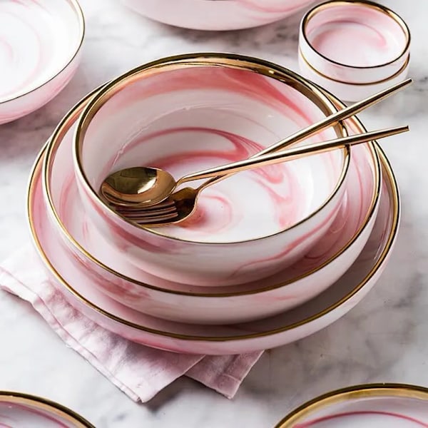 Pink Marmor Keramisk Middagstallerken Ris Salat Nudler Skål Suppetallerkener Porcelæn Spisestel Service Køkken Madlavningsværktøj T200430