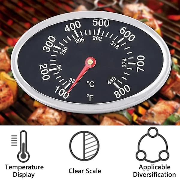 Udskiftning af BBQ-grilllågtermometer i rustfrit stål, varmeindikator til grillovnslåg, sort 7,5 x 4,8 cm