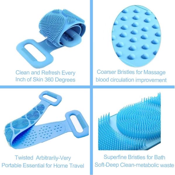 2 duschborstar - Dubbelsidig silikonryggskrubb, utdragbar, exfolierande - 60 cm - Blå & Lila