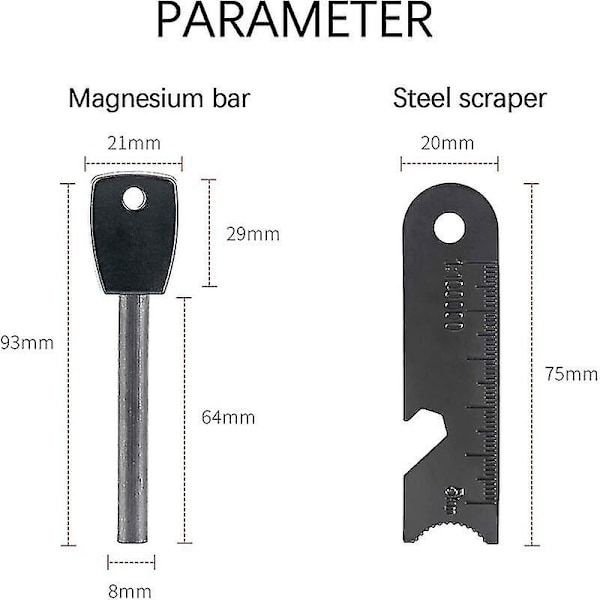 Överlevnads Tändstål, Tändare med Skrapa, Vattentät, 10 000 Gnistor vid 3 000 Grader, 8 mm Stång, Magnesium Eldstål - Tändare, Nackband