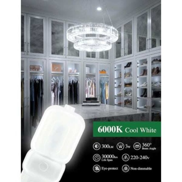 TS-Ampoule LED G9, 3W Motsvarar 30W Halogenlampa, Kallvitt 6000K, 300LM, Mini LED G9 Lampa Flimmerfri, Ej Dimbar, 360° Spridningsvinkel