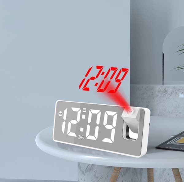 Digital projeksjonsvekkerklokke med dobbel alarm, slumrefunksjon, stor LED-skjerm for soverom, barn, eldre, gråhvit