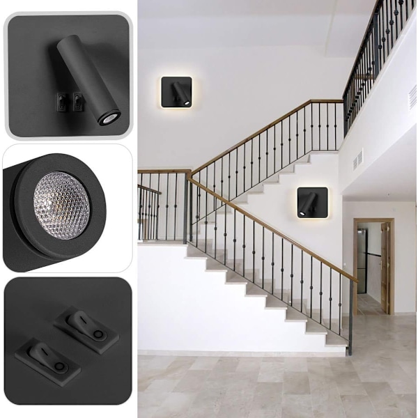 Moderne LED-vegglampe, veggleselampe med bryter, 350° roterbar, 3 W, LED