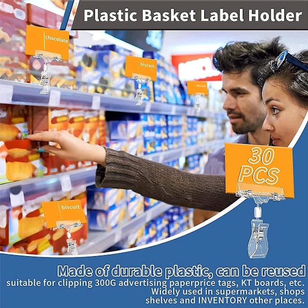 30 st Etiketthållare Skyltklämma, Plast Transparent Roterbar Skyltklämma, Varuskylt Displayklämma