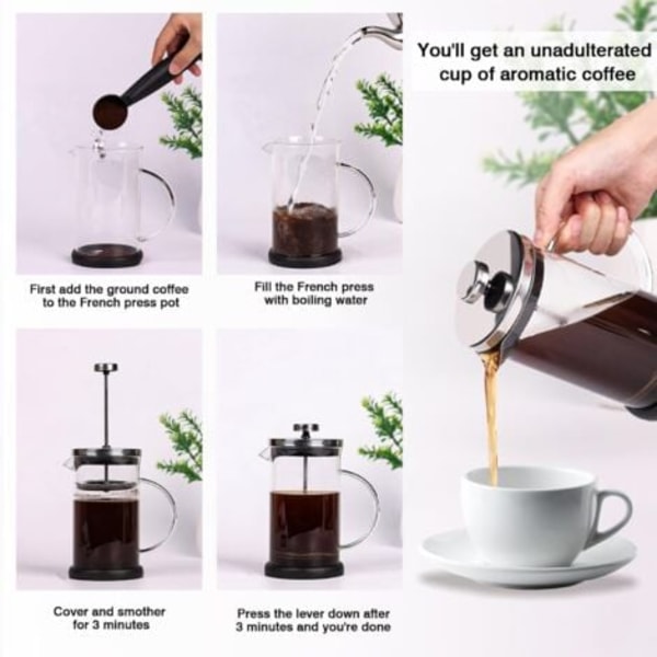 TS-Pressopannu - 5 kuppia - Mäntäpannu 600 ml, Ranskalainen pannu suodatinkahville, espressolle ja teelle kolminkertaisella suodattimella, konepesun kestävä