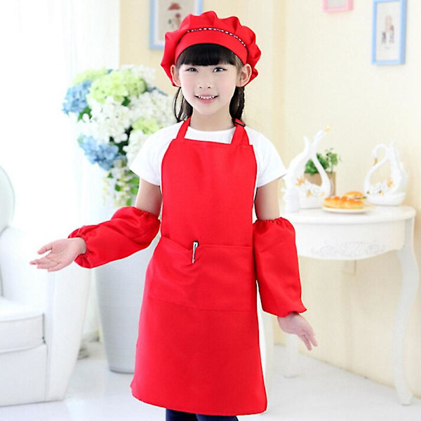 6 st barnförkläden och hattset barnkockförkläden för matlagning bakförkläden vit + svart + röd, mycket praktiskt