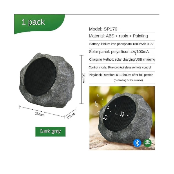 Solar Trådlös Bluetooth -högtalare -trädgård Visa Ljud Vattentät Fjärrkontroll Analog Stone Rock Spe
