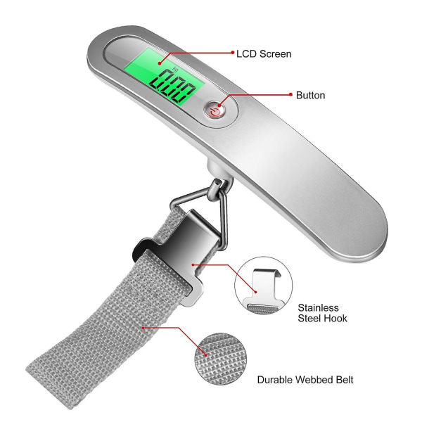 Elektronisk bagagevåg, bärbar digital bagagevåg (silver), upp till 50 kg, bakgrundsbelyst LCD-tareringsfunktion, lämplig för resor, post, hem, shopping