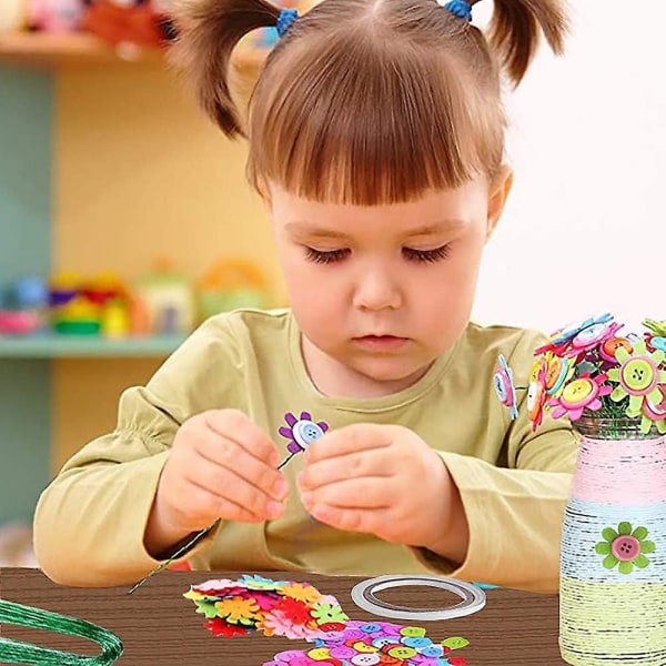 DIY Flower Crafts Kit för flickor över 3 år Roliga färgglada knappar och filtblommor och vaspynt (nejlika