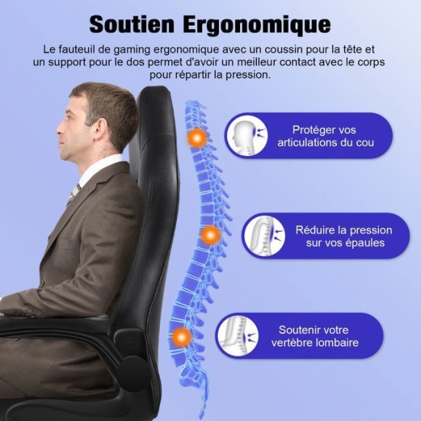 Ergonomisk Spelstol i Svart Läder – Justerbar Spelstol 120°, Vikbara Armstöd 90°, Max Belastning 120 kg Svart