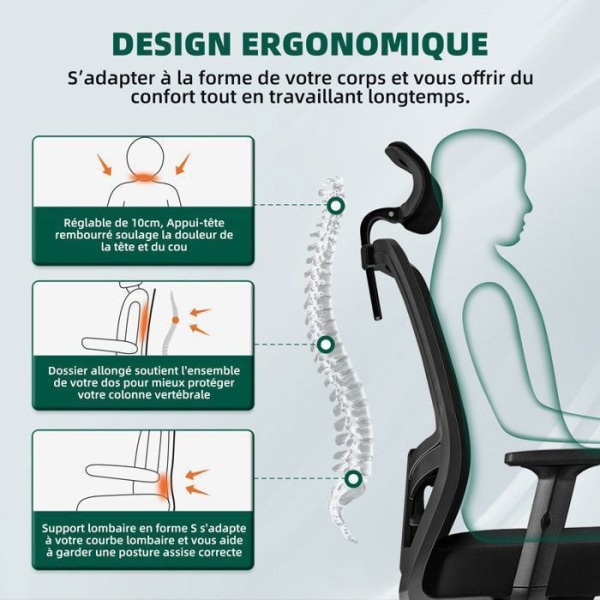 Ergonomisk kontorsstol, höjdjusterbar, lutande ryggstöd, kontorsstol med tysta hjul, last 150 kg Svart