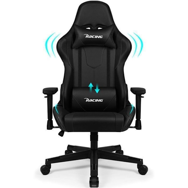 Gamingstol 150kg Ergonomisk Sitt med 56cm, Huvudstöd, Ländryggskudde och Justerbara Armstöd Svart