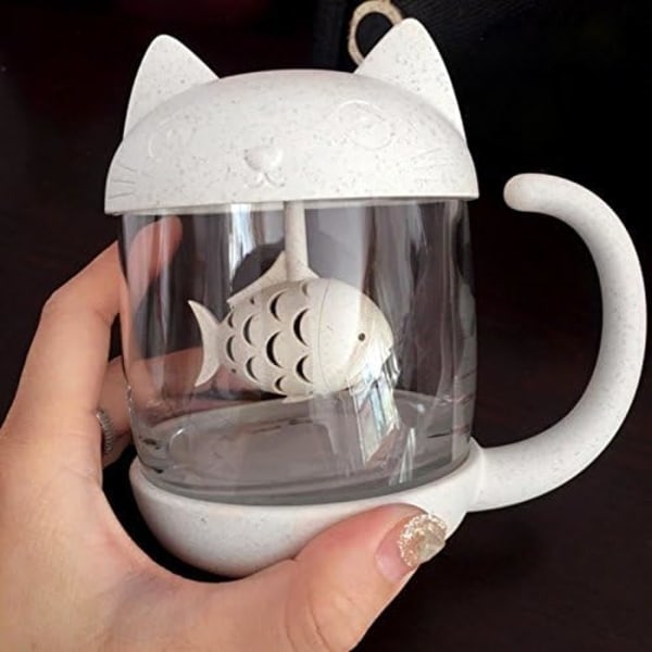 Kattglas Tekopp, Vattenflaska Mugg med Fiskformad Teinfuser, Kaffevattenflaska, 250ML, Kattälskare