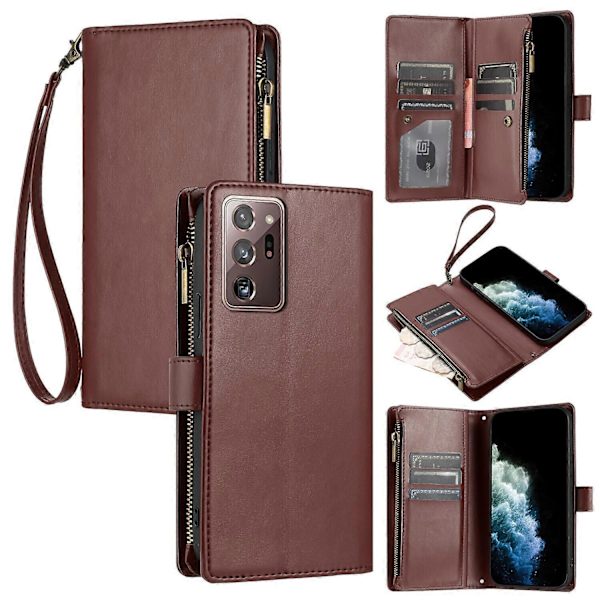 Yhteensopiva Samsung Galaxy Note 20 Ultra Lompakkokotelon kanssa Premium Vetoketjullinen Suuri Tila Flip PU Nahkakotelo Brown