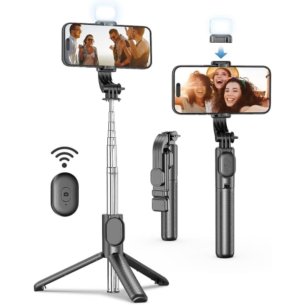 41 Mobilstativ för Iphone, förlängningsbar Selfie Stick med trådlös fjärrkontroll, Selfie Stick-stativ med LED-ljus, kompatibel med Iphone 14/14 Pro/13