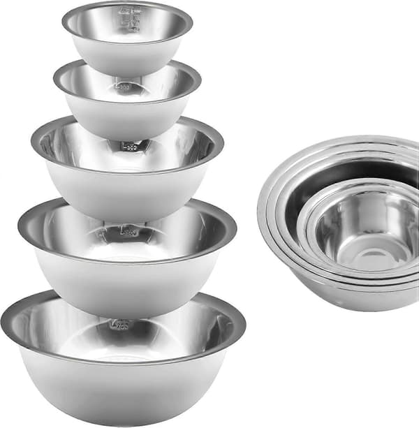Rustfrie boller, sett med 5, stabelbar design for matlaging og baking