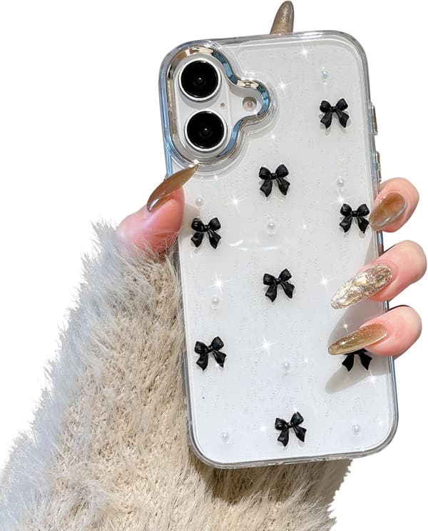 Case for iPhone 16 Plus, Bling Glitter 3D Bow Phone Case Cute Sparkly Crystal Clear Bow Slim Soft Durable Protective Cover Black