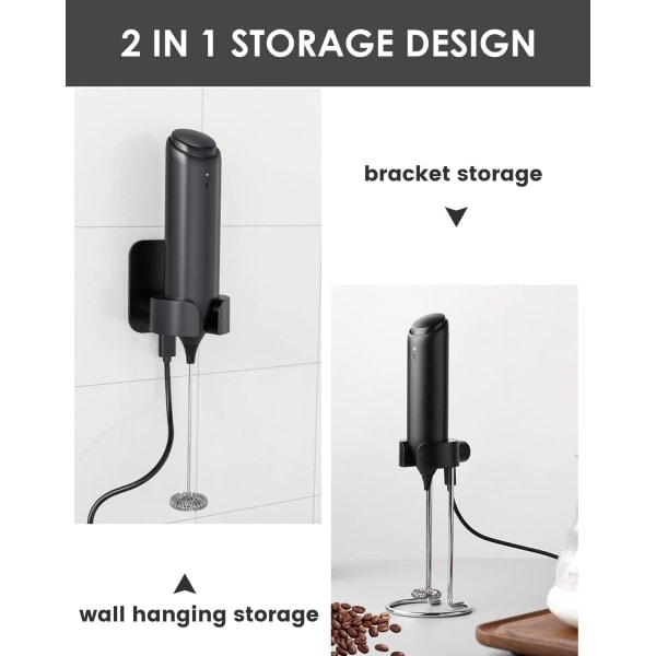 Elektrisk melkeskummer, Oppladbar USB-C melkeskummer med stålstativ Automatisk melkeskummer Veggmontert stavmikser for kaffe, latte