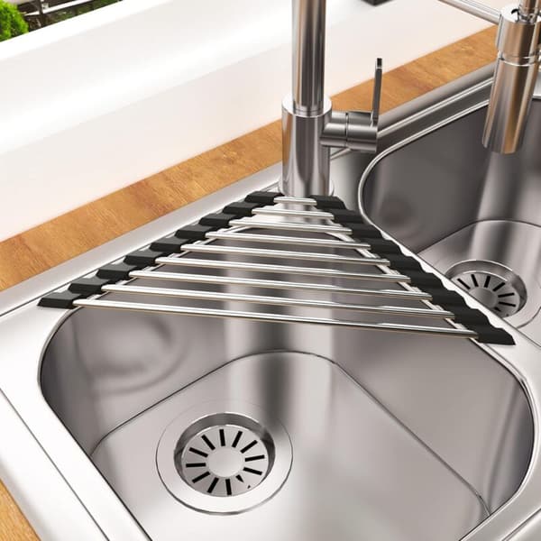 Black Dish Drying Rack for Sink Foldable Removable Stainless Steel Sink Drain Roll Rack 41CM 15CM Triangular 2PCS