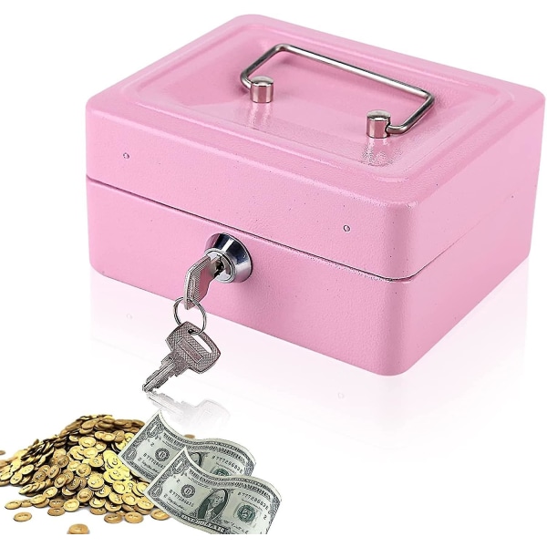 Mini pengalåda med lås, pengakassett med 2 nycklar, 12 X 15 X 7,5 cm (rosa)