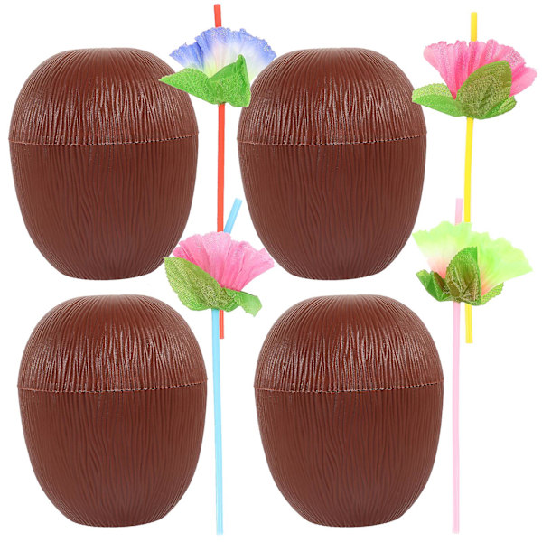 4 st Kokosnötskoppar med sugrör Simulerade kokosnötsdryckeskoppar Hawaiiansk fest Kokosformade koppar