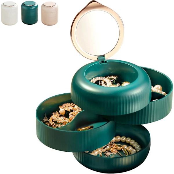 Smyckeshållare Organizer, Smyckeskrin, Smyckesbricka, Smyckeskrin för Män Kvinnor, 4-lagers Rotationsförvaringsfodral med Lock - Grön