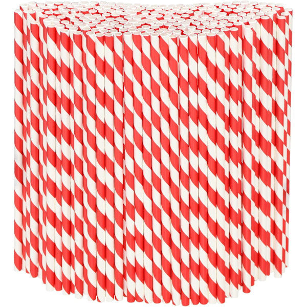 Engangs papirsugerør i bulk, 100 stykker, rød/hvite striper, 19,7x0,6 cm - Miljøvennlige sugerør